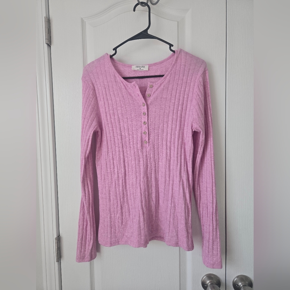 Zenana Pink Ribbed Long Sleeve Top